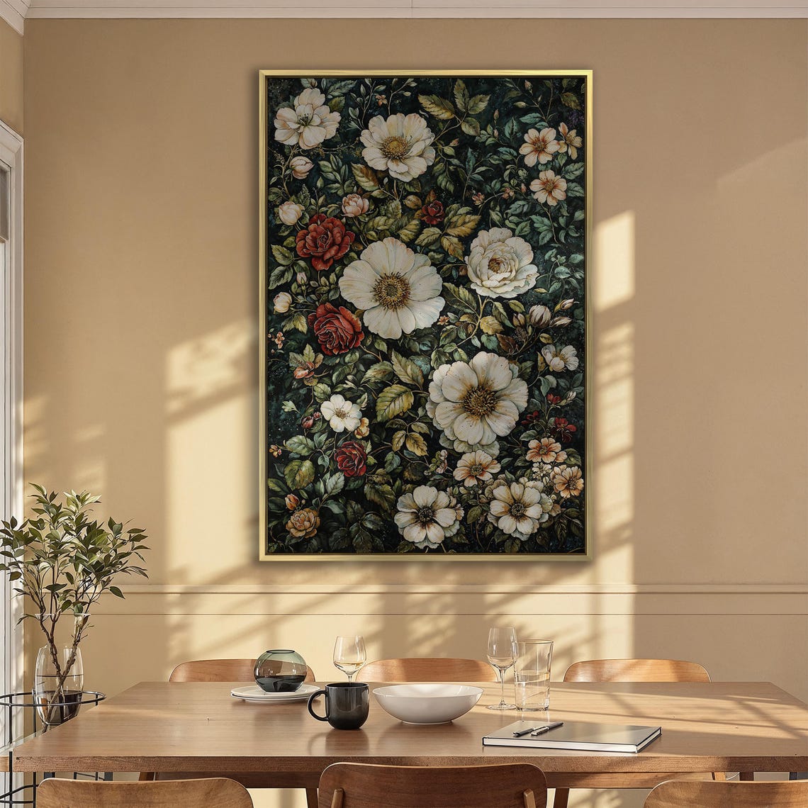 Vintage White and Red Roses on Dark Green Botanical Floral Poster - Image 2