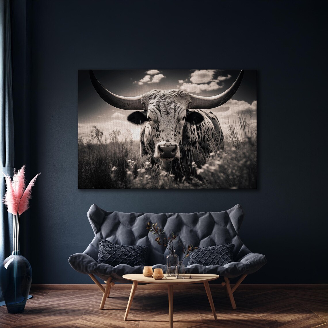 Black And White Texas Longhorn On Prairie Wildlife Photo Poster - Image 4