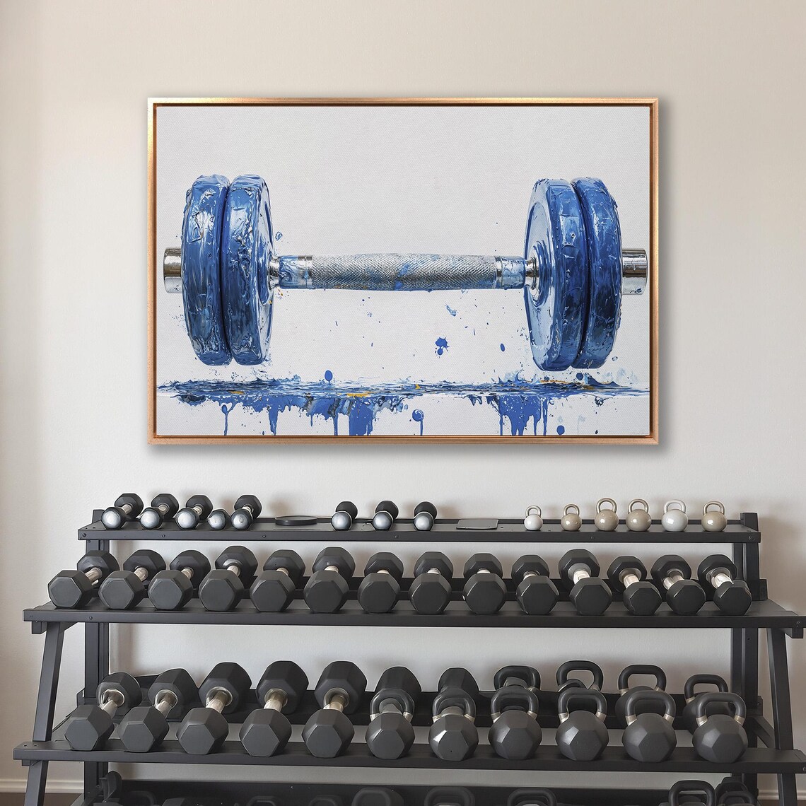 Blue Painted Dumbbell with Paint Drips on White Fitness Poster - Image 4