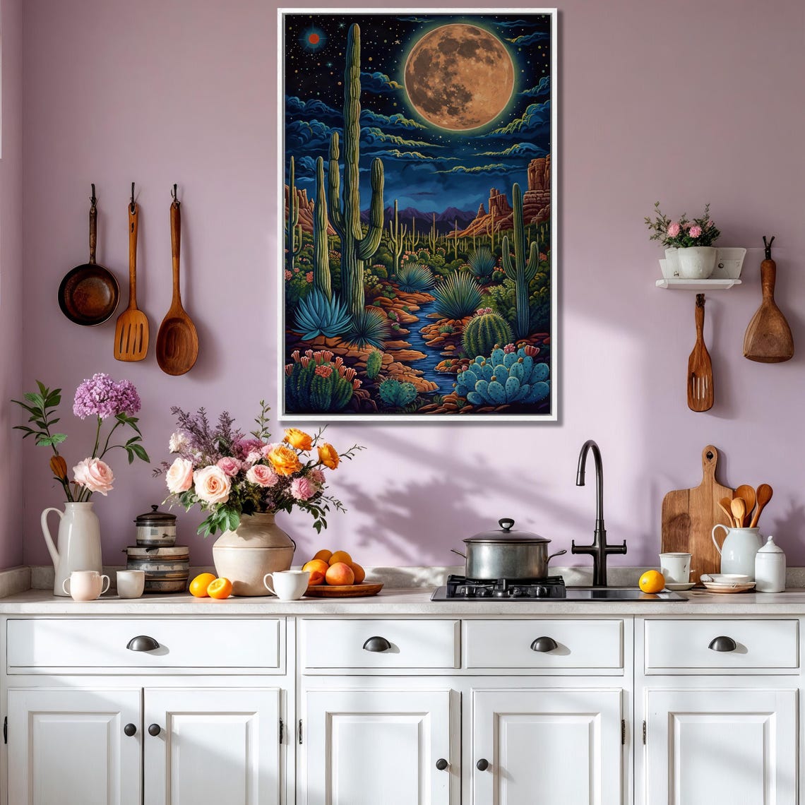 Full Moon Desert Night Saguaro Cactus Landscape Painting Poster - Image 2