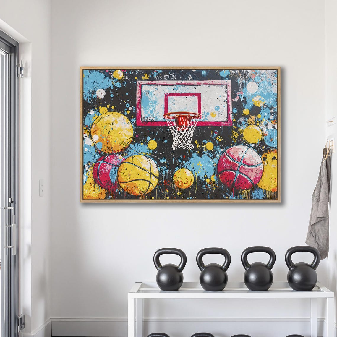 Pop Art Basketball Hoop With Colorful Balls Paint Splatter Poster - Image 2