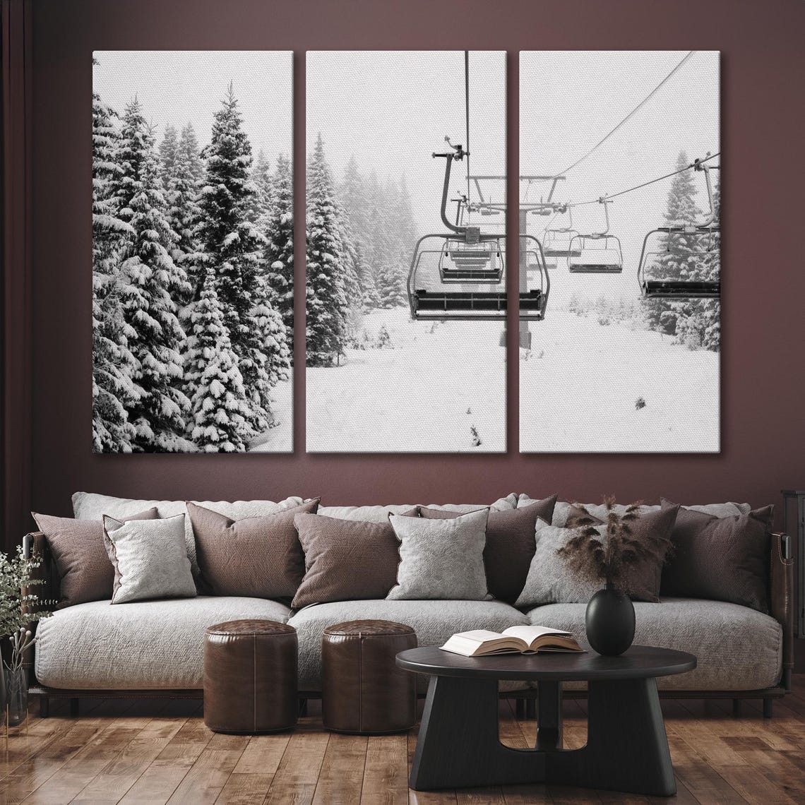 Ski Lift Chairs Snowy Pines Black And White Winter Photo Wall Art - Image 6