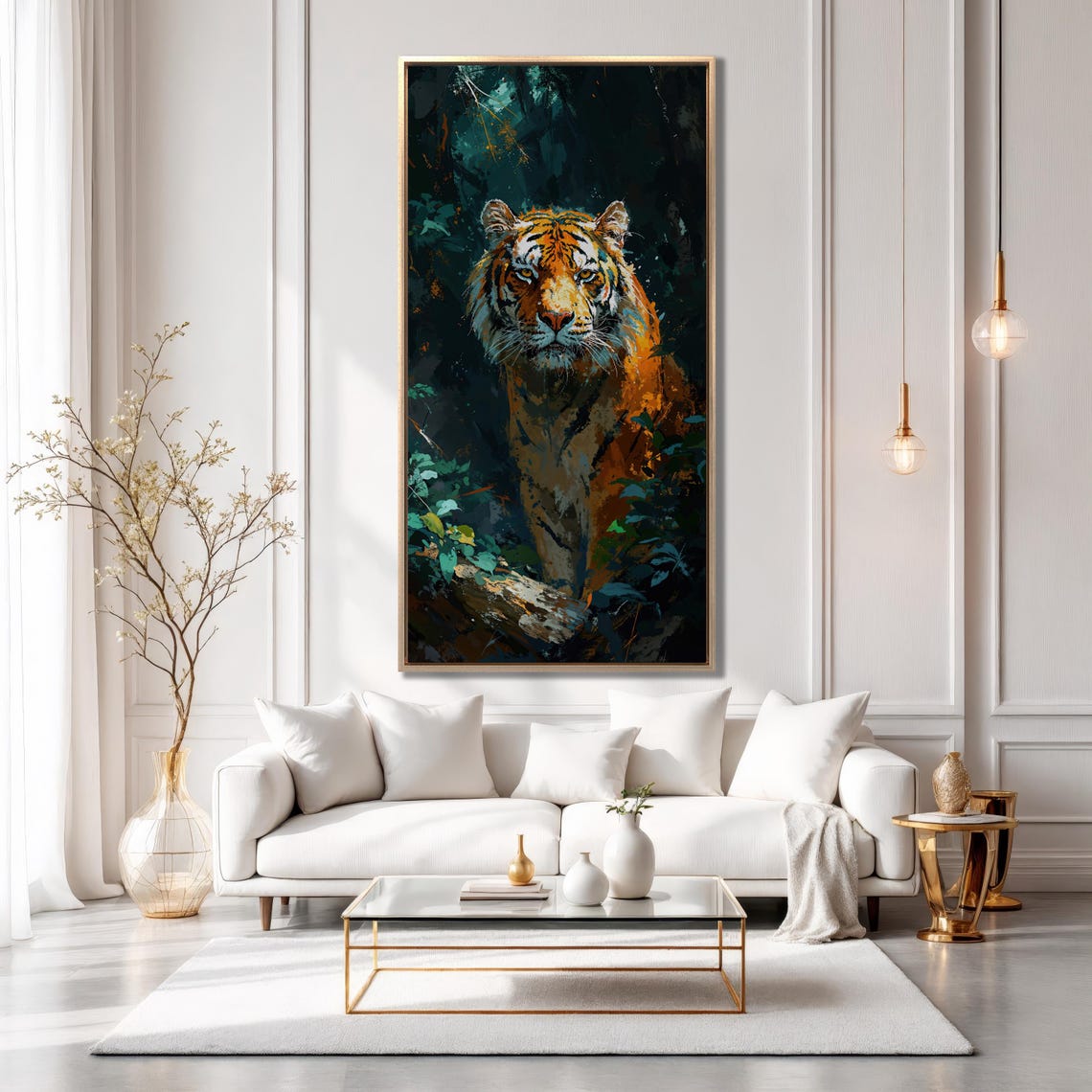 Tiger Emerging From Dark Jungle Orange Foliage Wildlife Wall Art - Image 5