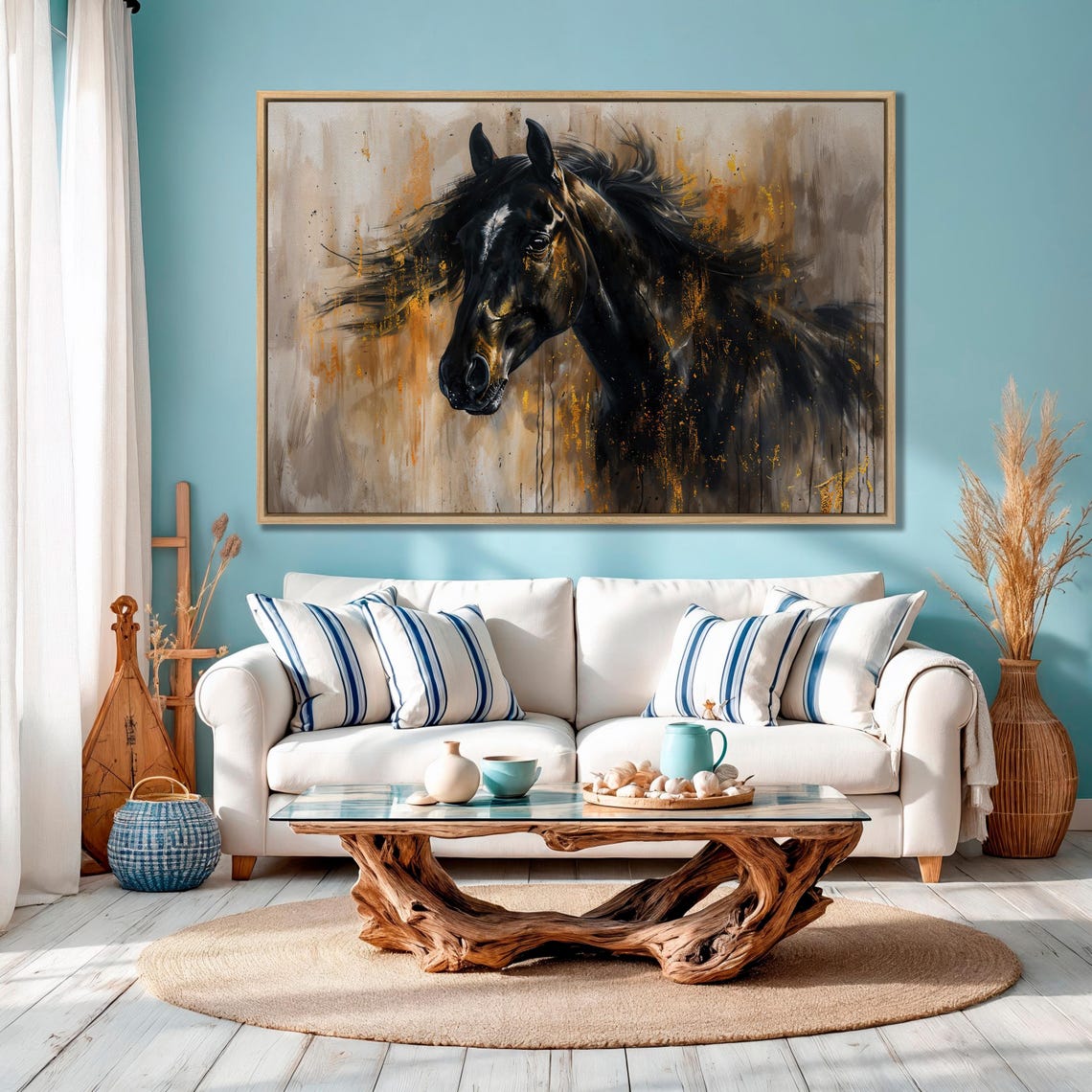 Black Stallion Profile In Warm Gold Abstract Equine Painting Poster - Image 2
