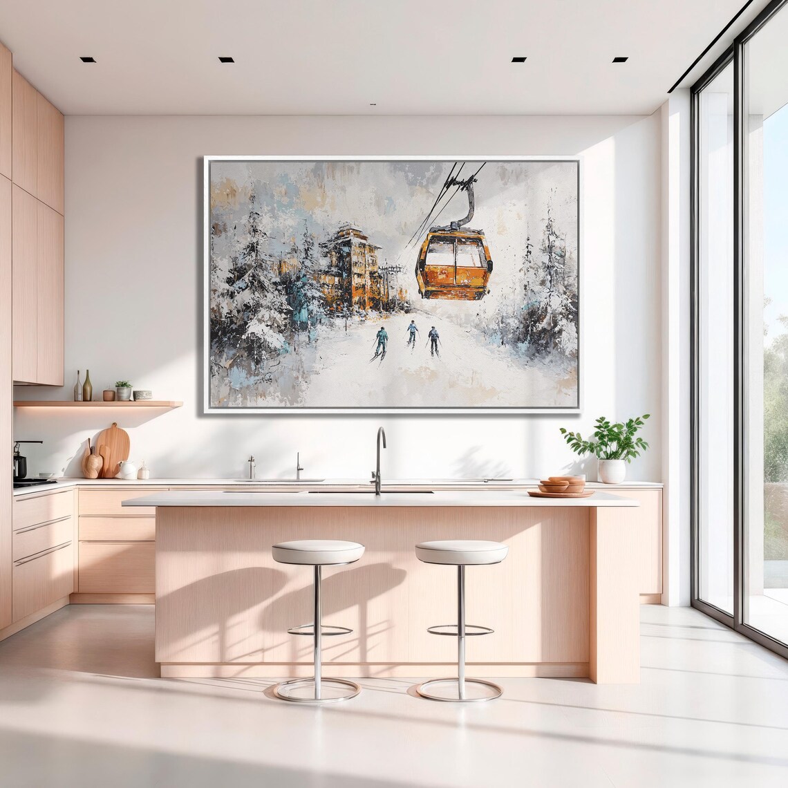 Orange Gondola and Skiers with Snowy Village Soft Winter Poster - Image 3