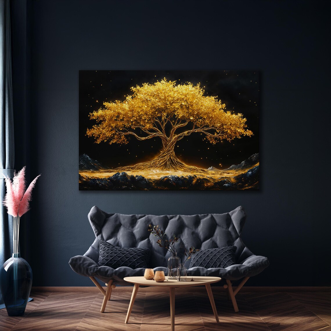 Golden Tree of Life Under Starry Night Sky Mystical Art Poster - Image 4