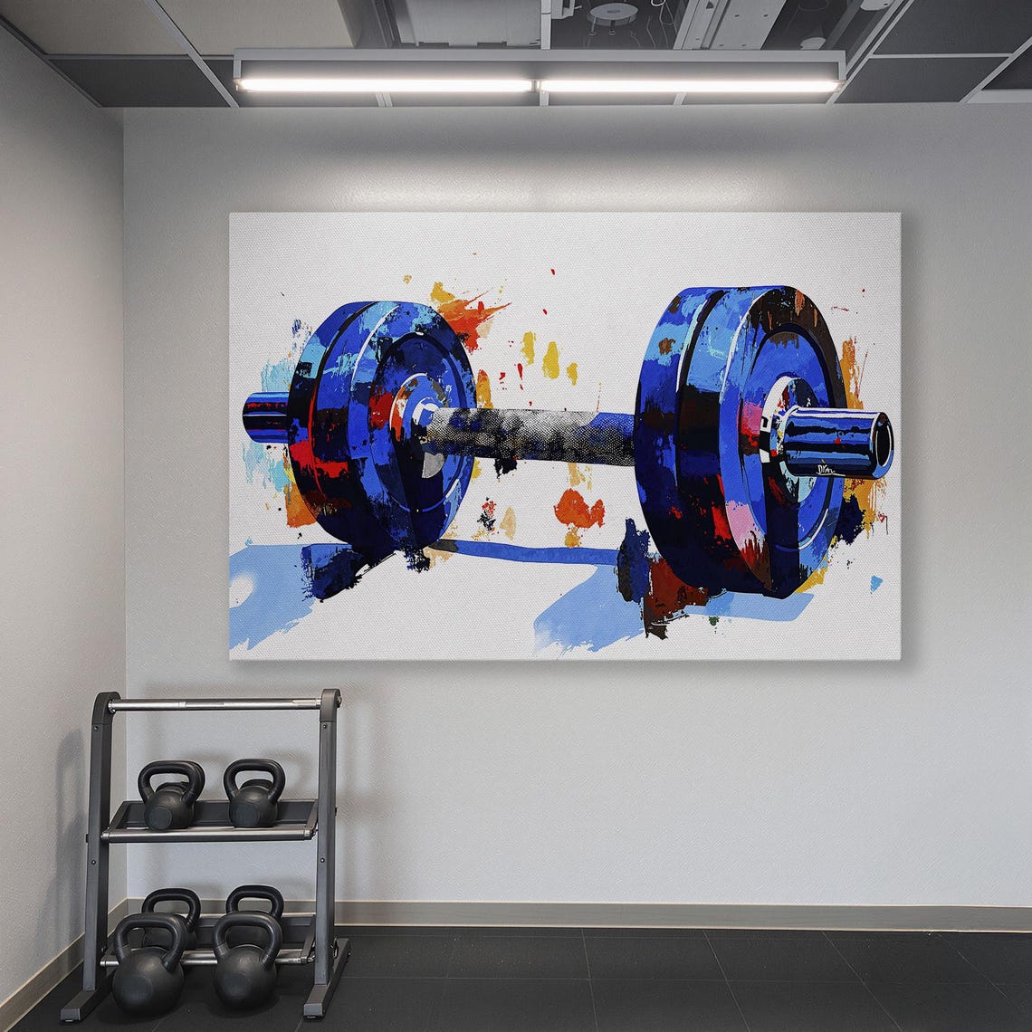 Dramatic Close Up Blue Dumbbell With Bold Paint Splashes Gym Poster - Image 6