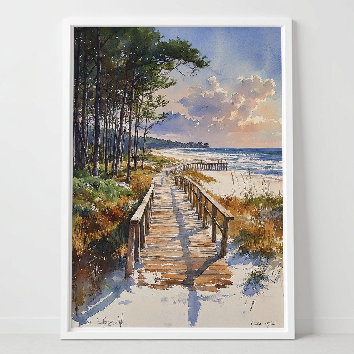 Beach Boardwalk Pine Trees Sunset Watercolor Coastal Path Poster