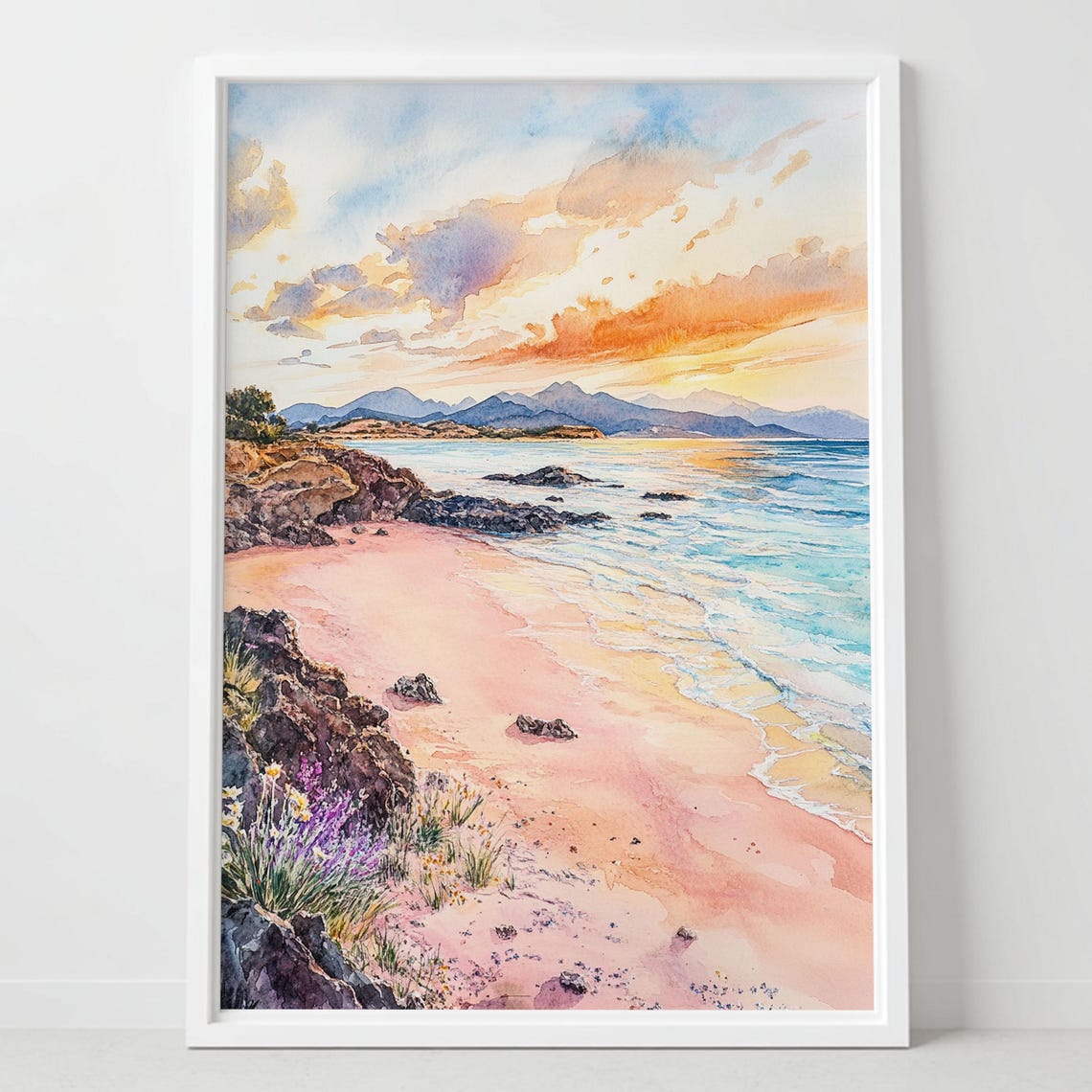 Elafonissi Beach Crete Greece Pink Sand Sunset Watercolor Poster