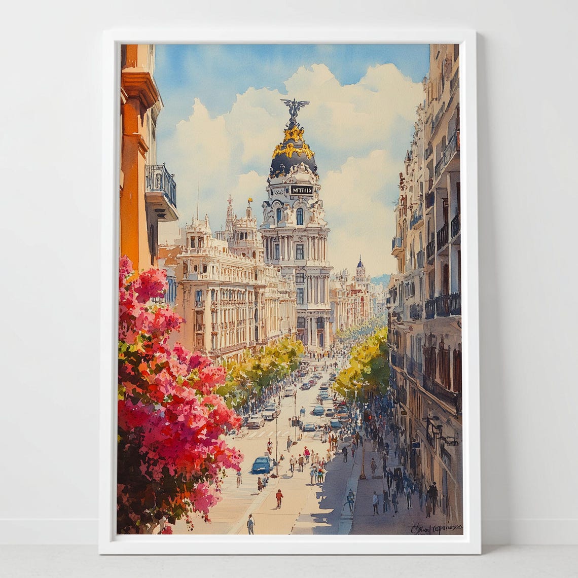 Madrid Gran Via Watercolor Metropolis Building Spain Travel Poster