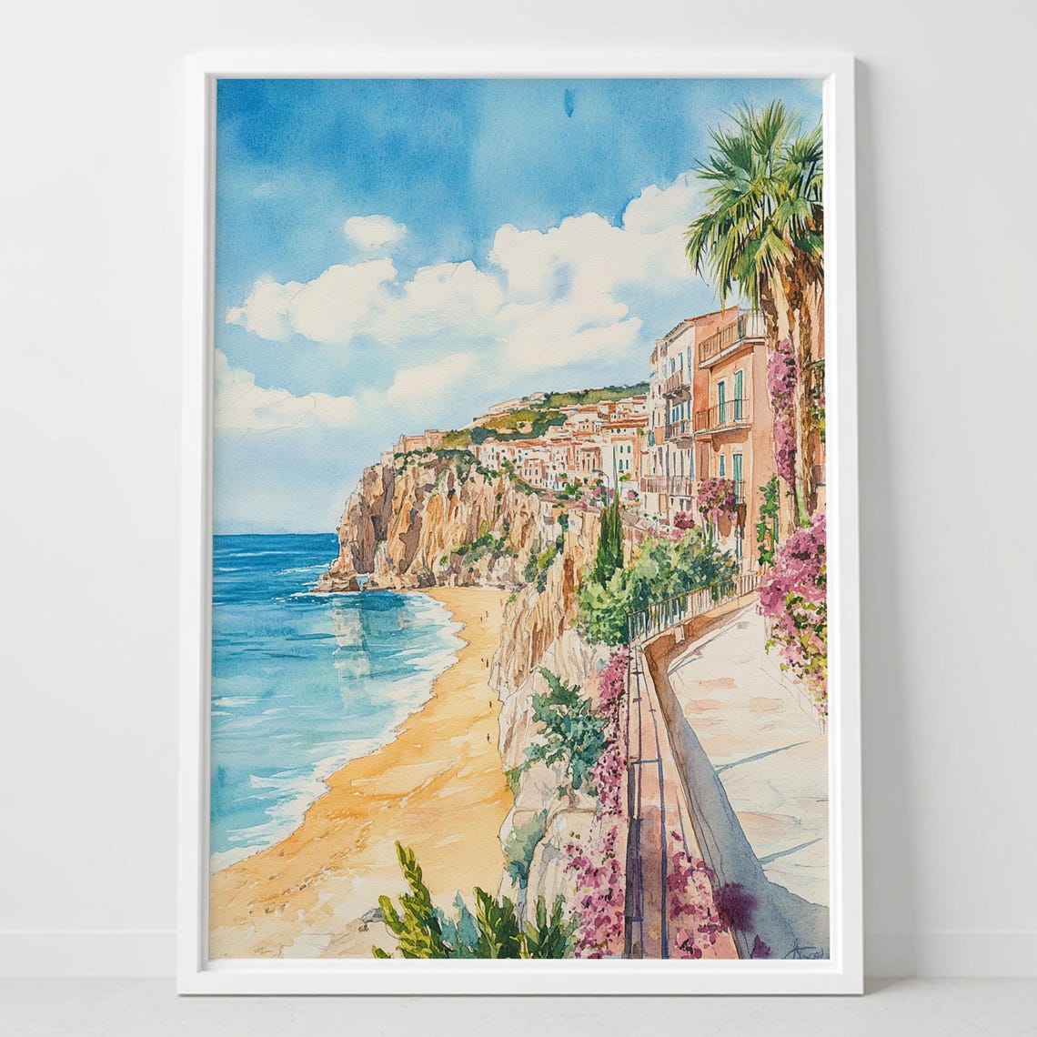 Tropea Italy Cliffside Beach Mediterranean Coastal Watercolor Poster