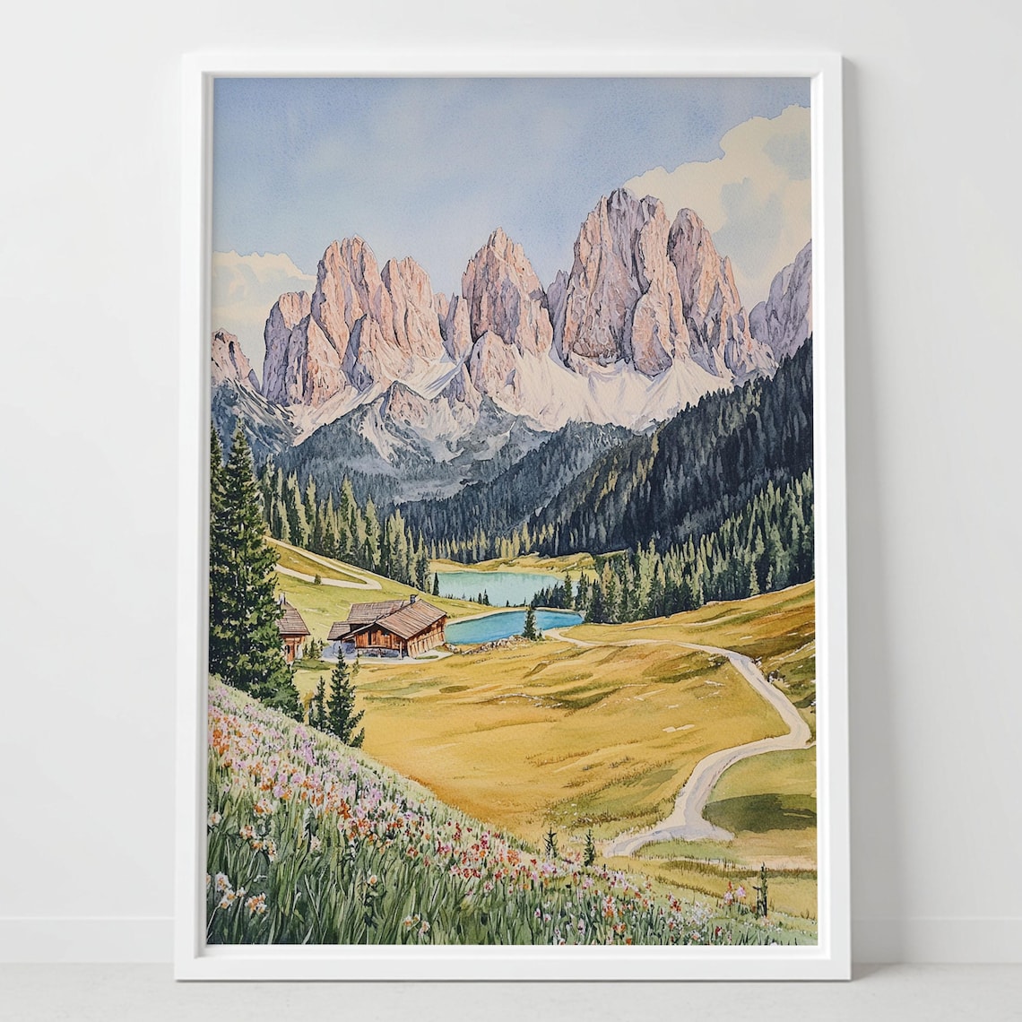 Dolomites Italy Alpine Peaks Watercolor Mountain Cabin Poster