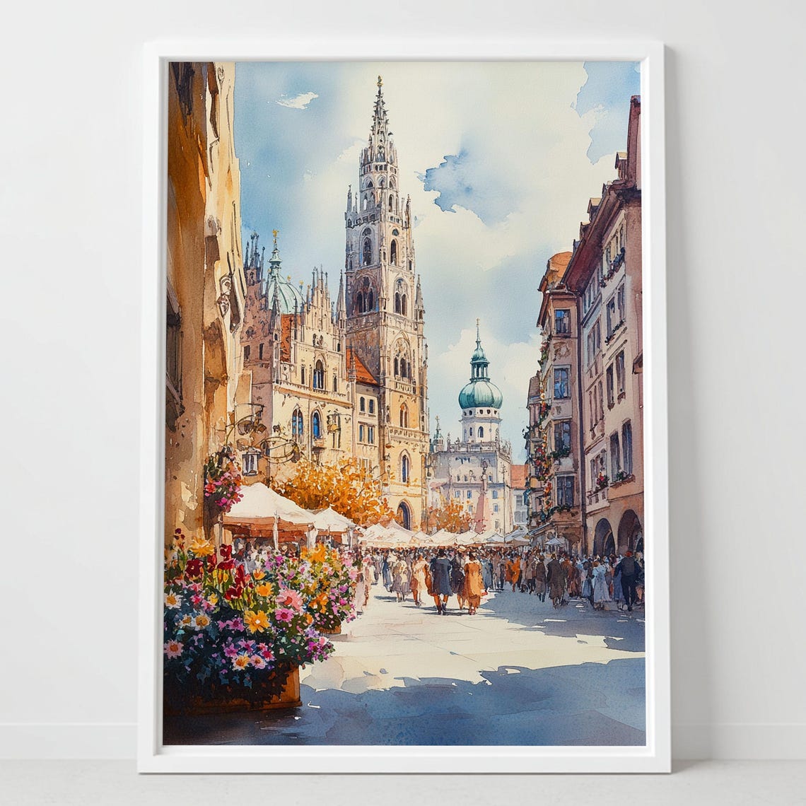 Munich Marienplatz Watercolor Bavaria Germany Travel Art Poster