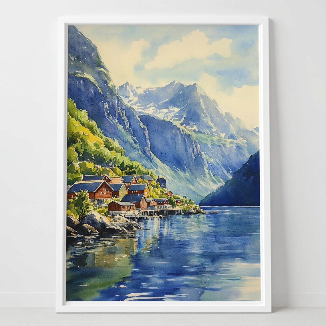 Nordic Fjord Village Red Wooden Cabins Watercolor Coastal Poster