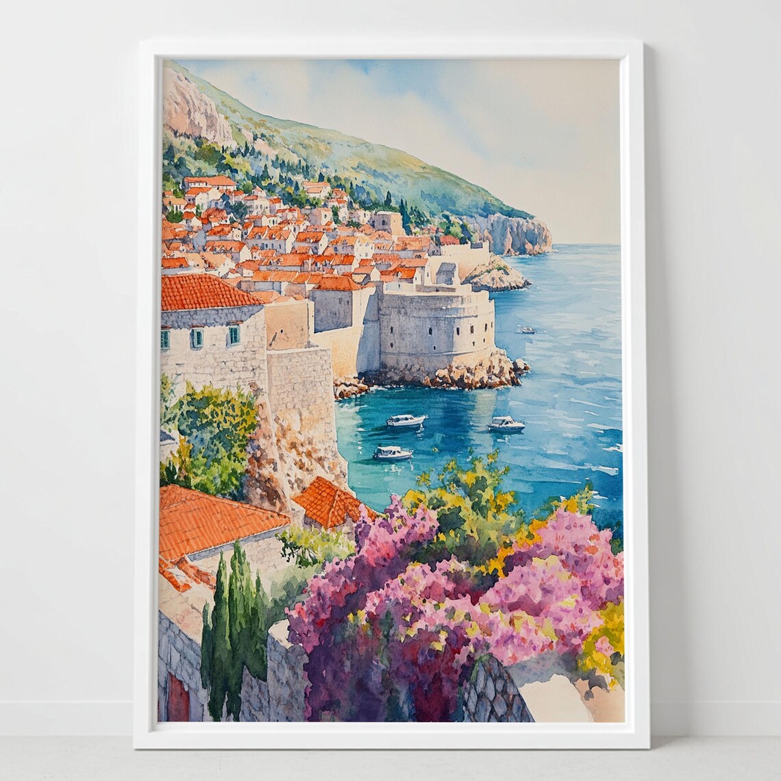 Dubrovnik Old Town Adriatic Coast Watercolor Poster with Ancient City Walls