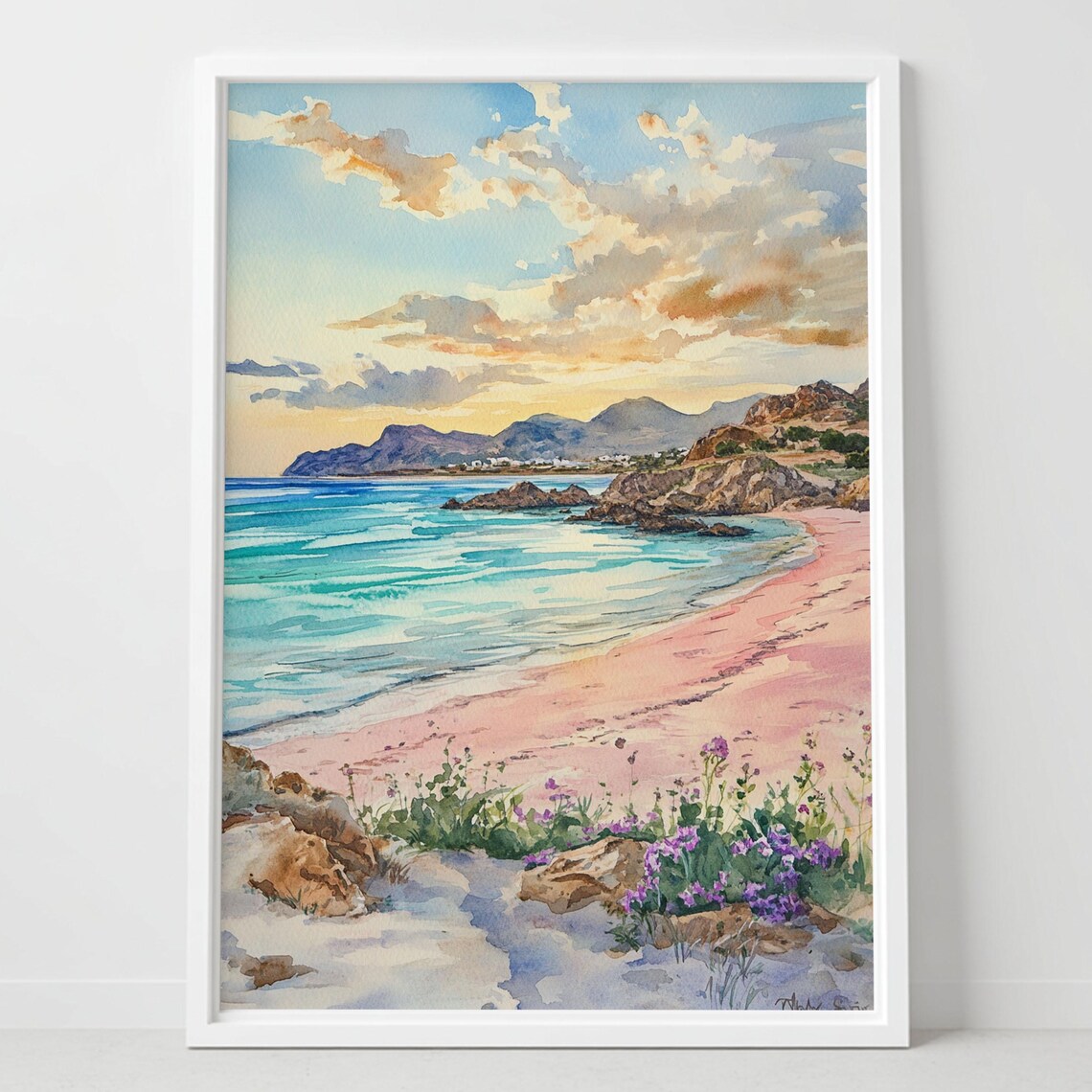 Elafonissi Beach Crete Watercolor Pink Sand Turquoise Sea Poster