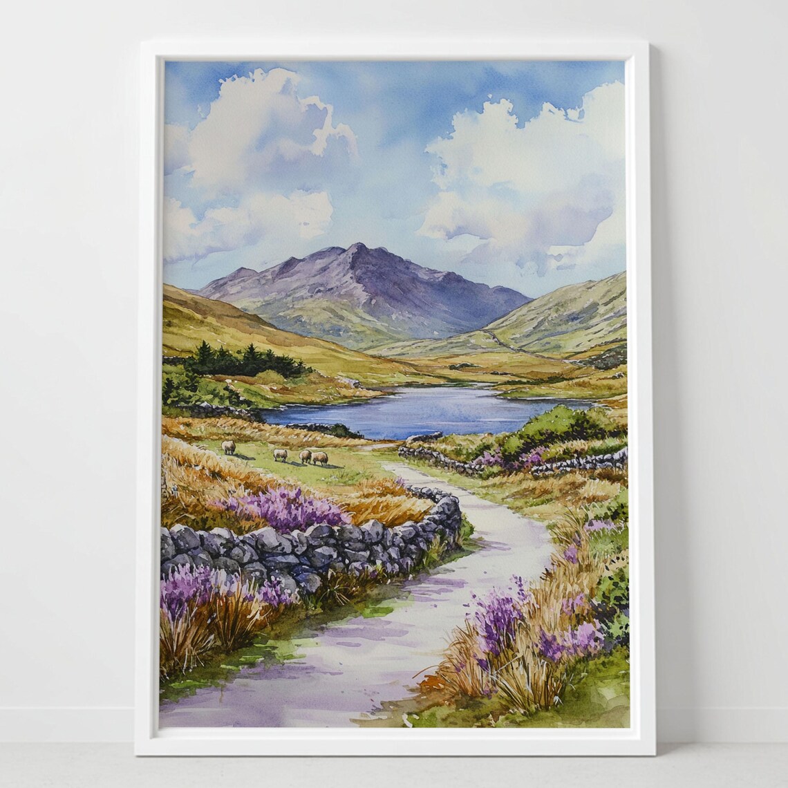 Green Countryside Watercolor Stone Path Sheep Mountain Lake Poster