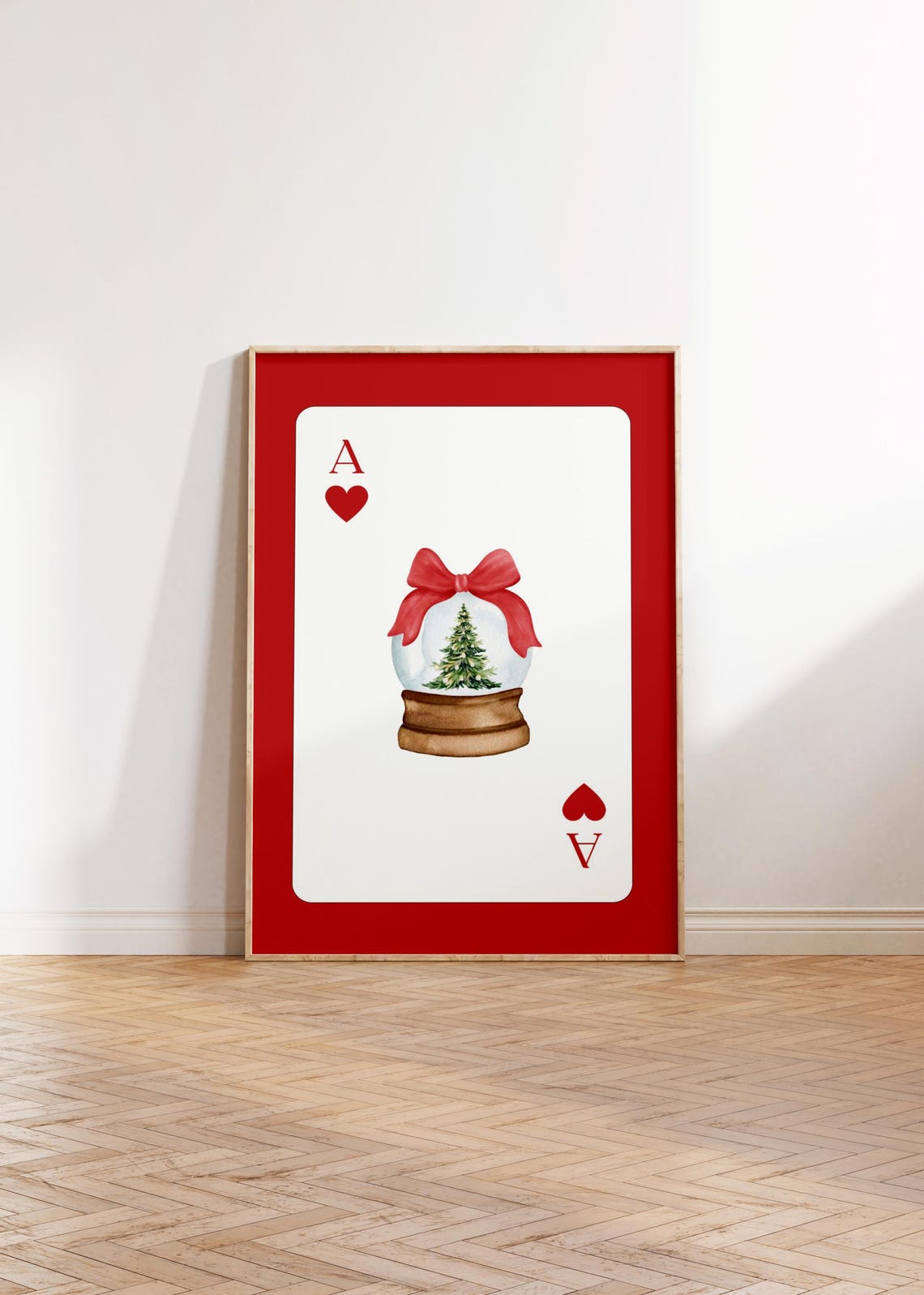 Christmas Ace of Hearts Snow Globe Tree Red Bow Playing Card Poster - Image 2