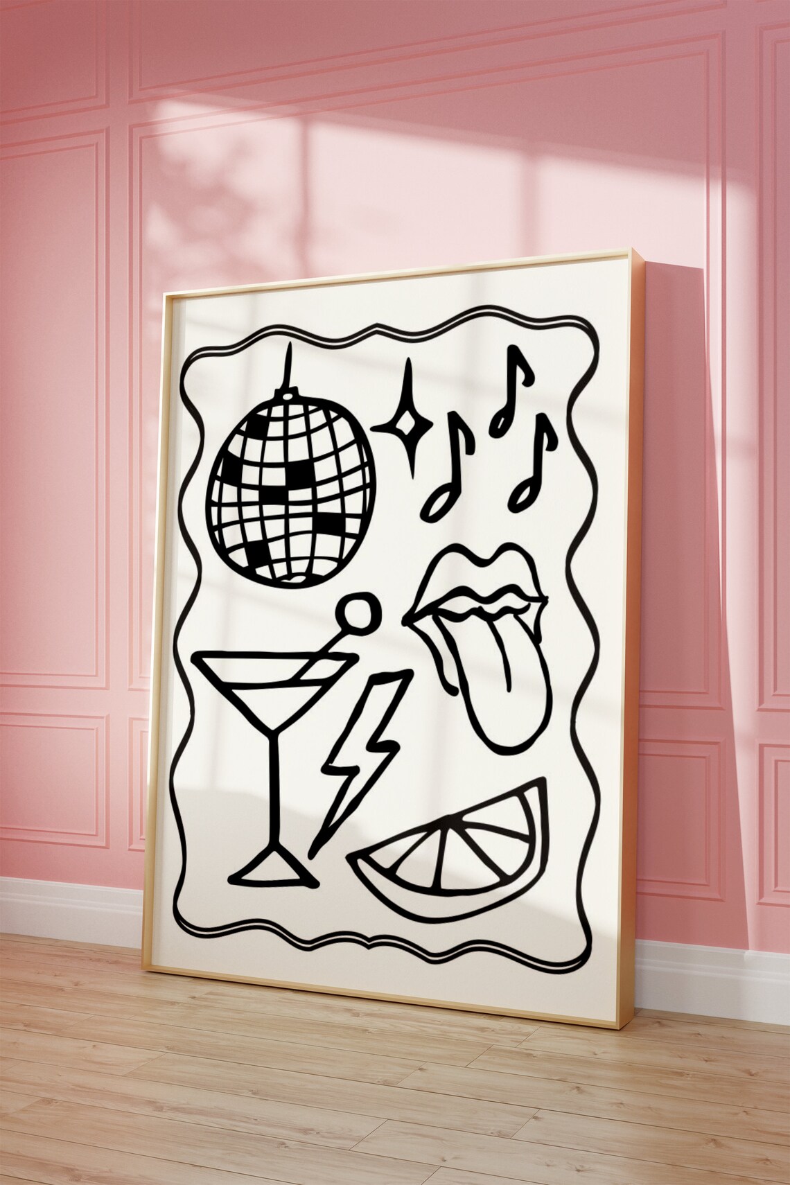 Disco Ball Martini Tongue Out Doodle Icons Black White Party Poster - Image 2