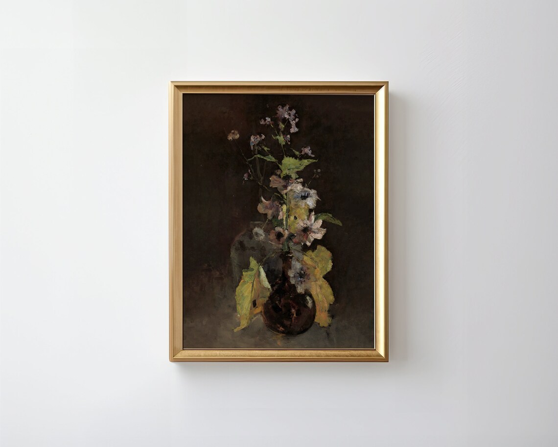Moody Vintage Floral Still Life Dark Botanical Oil Art Print - Image 3