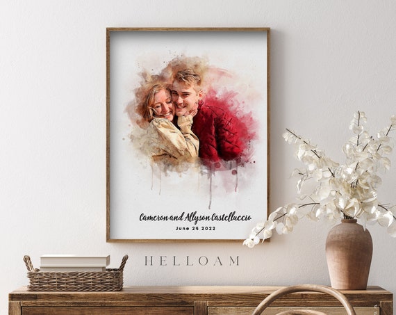 Portrait Painting From Photo Personalized Gift Wall Art Print On Ready To Hang Engagement Gift For Friend