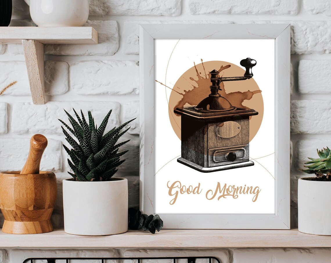 Good Morning Coffee Poster Vintage Coffee Grinder Engraved Illustration Kitchen