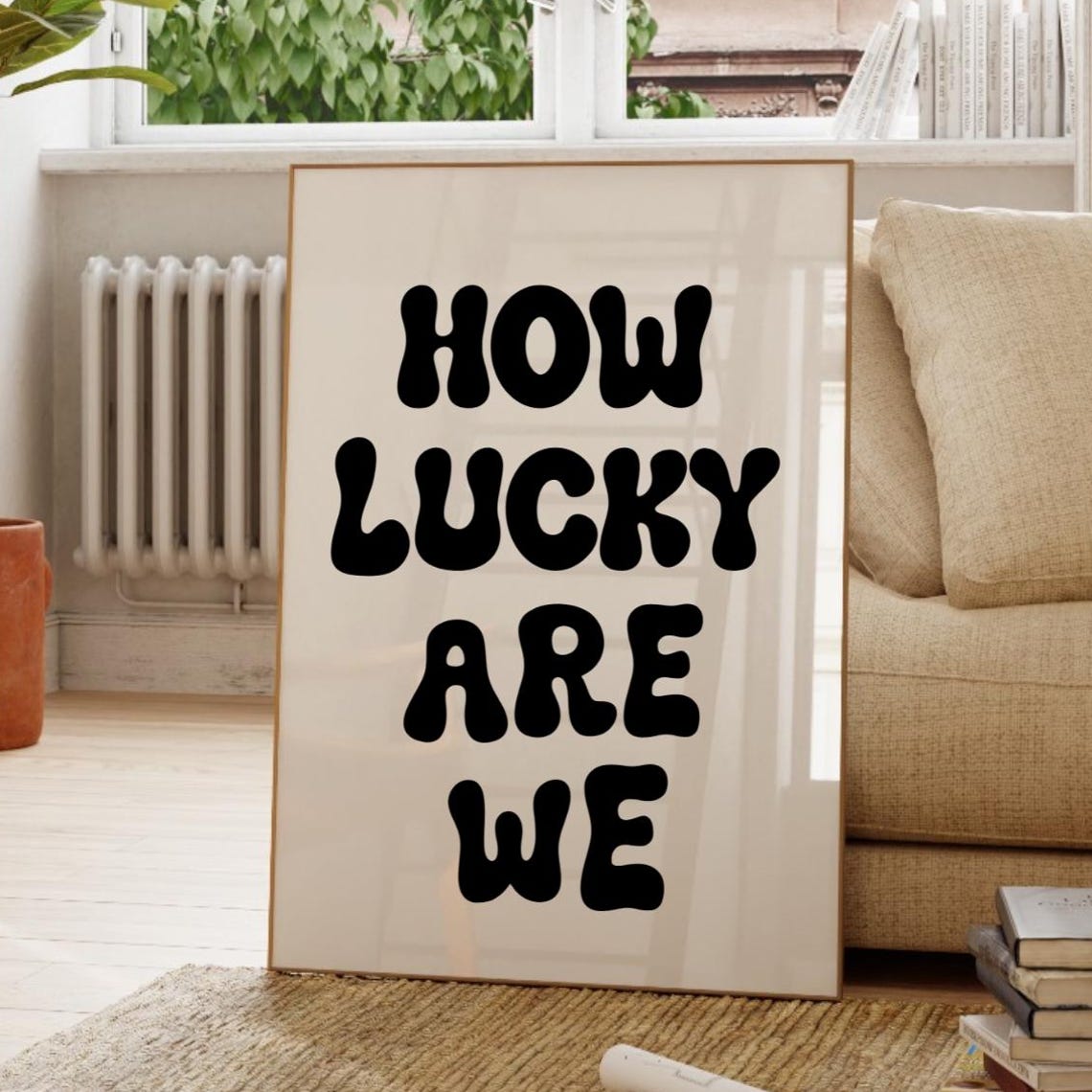 How Lucky Are We Black Retro Bubble Typography Quote Wall Art