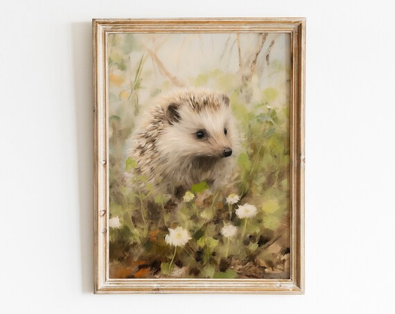 Muted Sweet Hedgehog in Flower Garden Vintage Oil Painting Poster