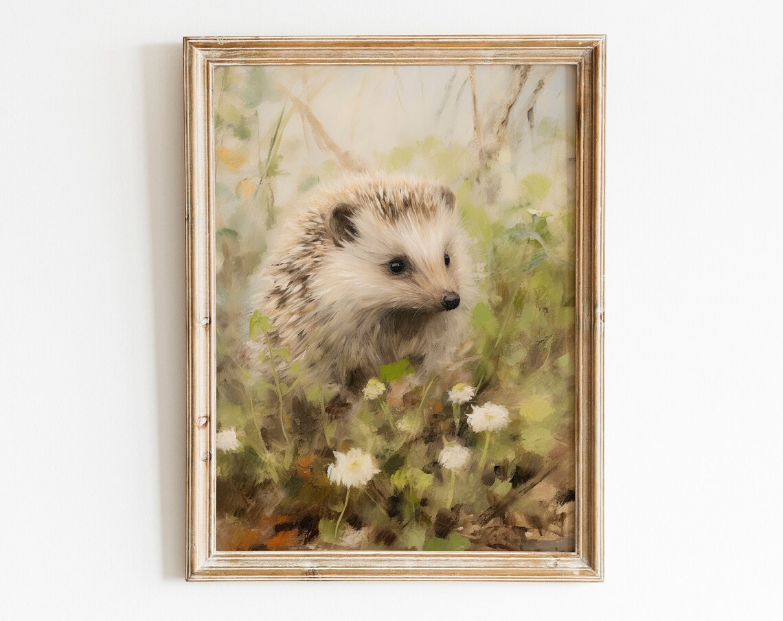 Muted Sweet Hedgehog in Flower Garden Vintage Oil Painting Poster