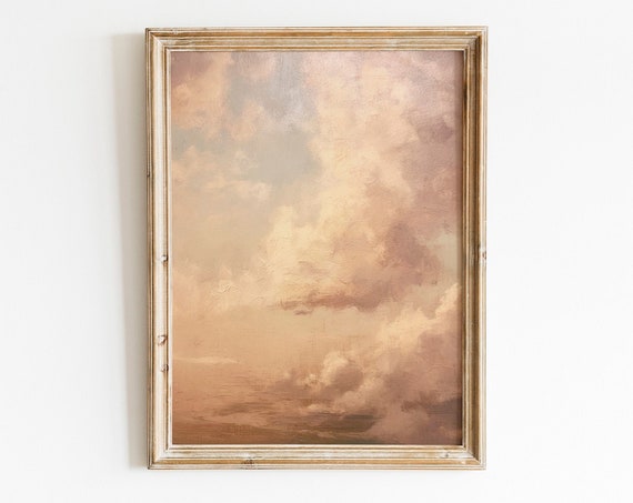 Pink Sunset Clouds Vintage Print Rustic Farmhouse Art Mediterranean Art Aesthetic Wall Art Vintage Decor