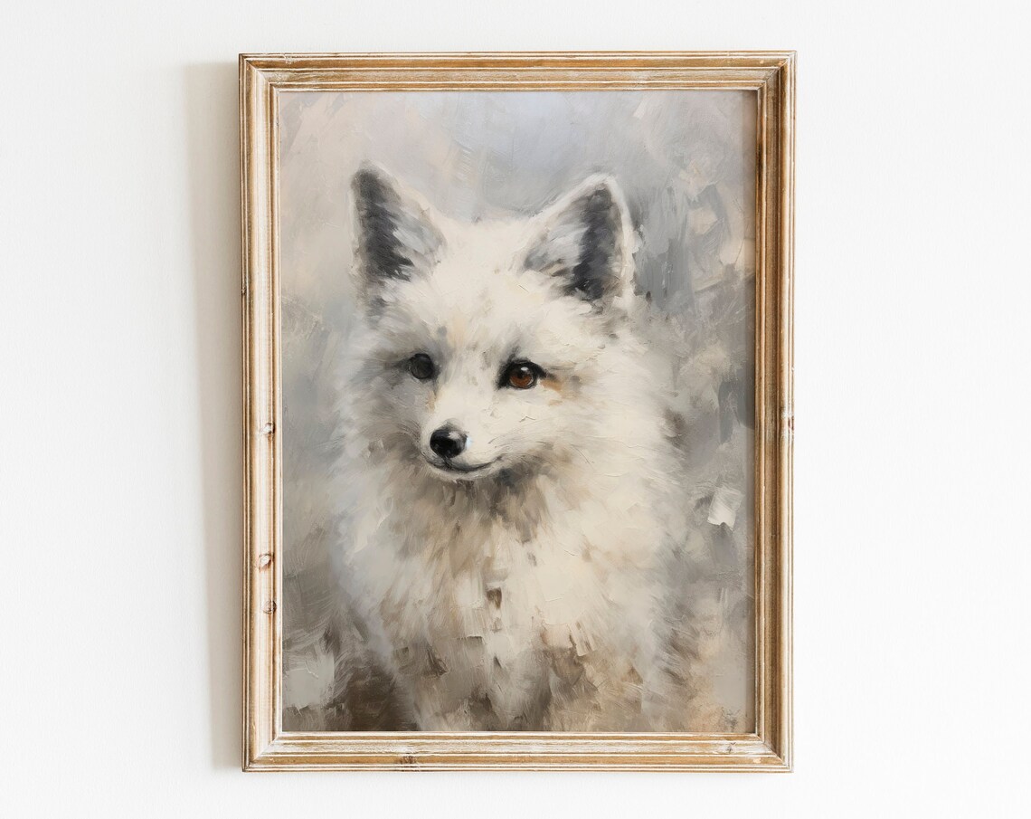 Arctic Fox Portrait Vintage Winter Wildlife Oil Painting Style Poster