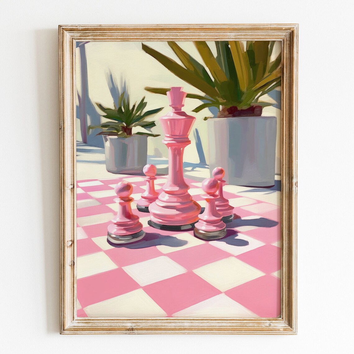 Preppy Pink Chess Pieces Art Print, Retro Aesthetic