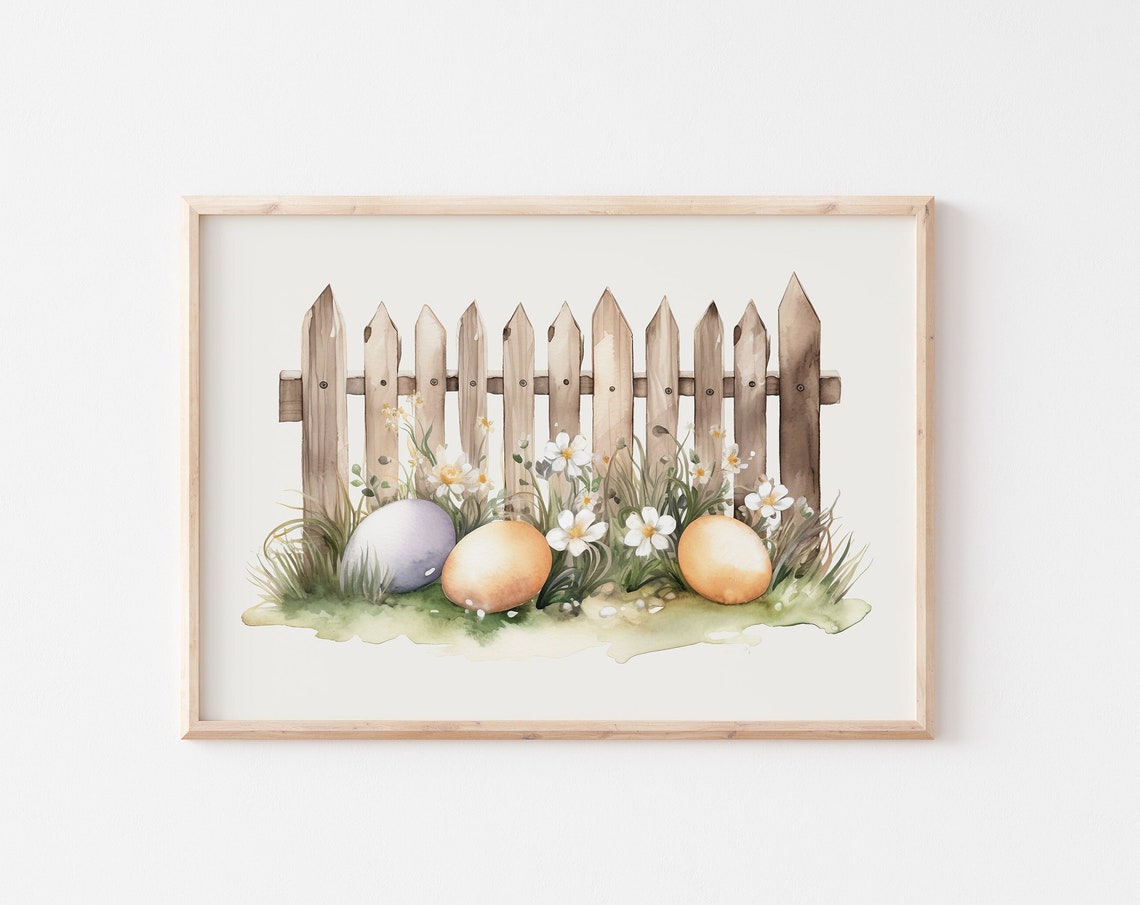 Pastel Easter Eggs Nestled In Grass By White Picket Fence Poster