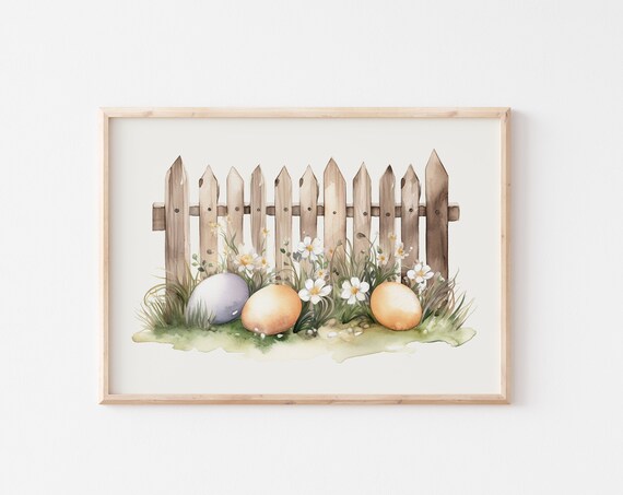 Pastel Easter Eggs Nestled In Grass By White Picket Fence Poster