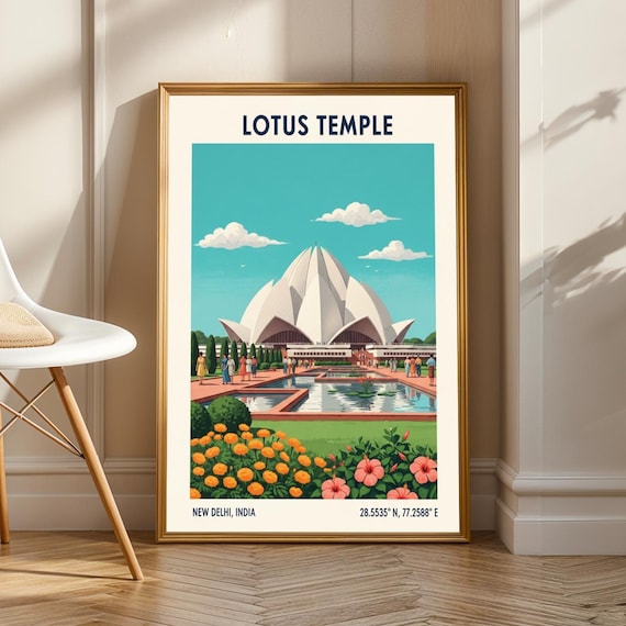 Temple New Delhi Poster Teal And Orange Pink Gouache Art Architectural Travel Illustration Living Room Or Office Decor