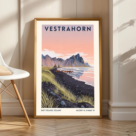 Vestrahorn East Iceland Black Sand Beach Horses Travel Poster