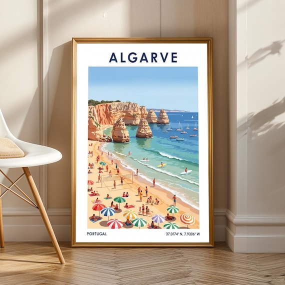 Algarve Beach Scene Poster Blue And Tan Green Red Yellow Illustration Vintage Travel Art Coastal Decor For Living Room Or Office