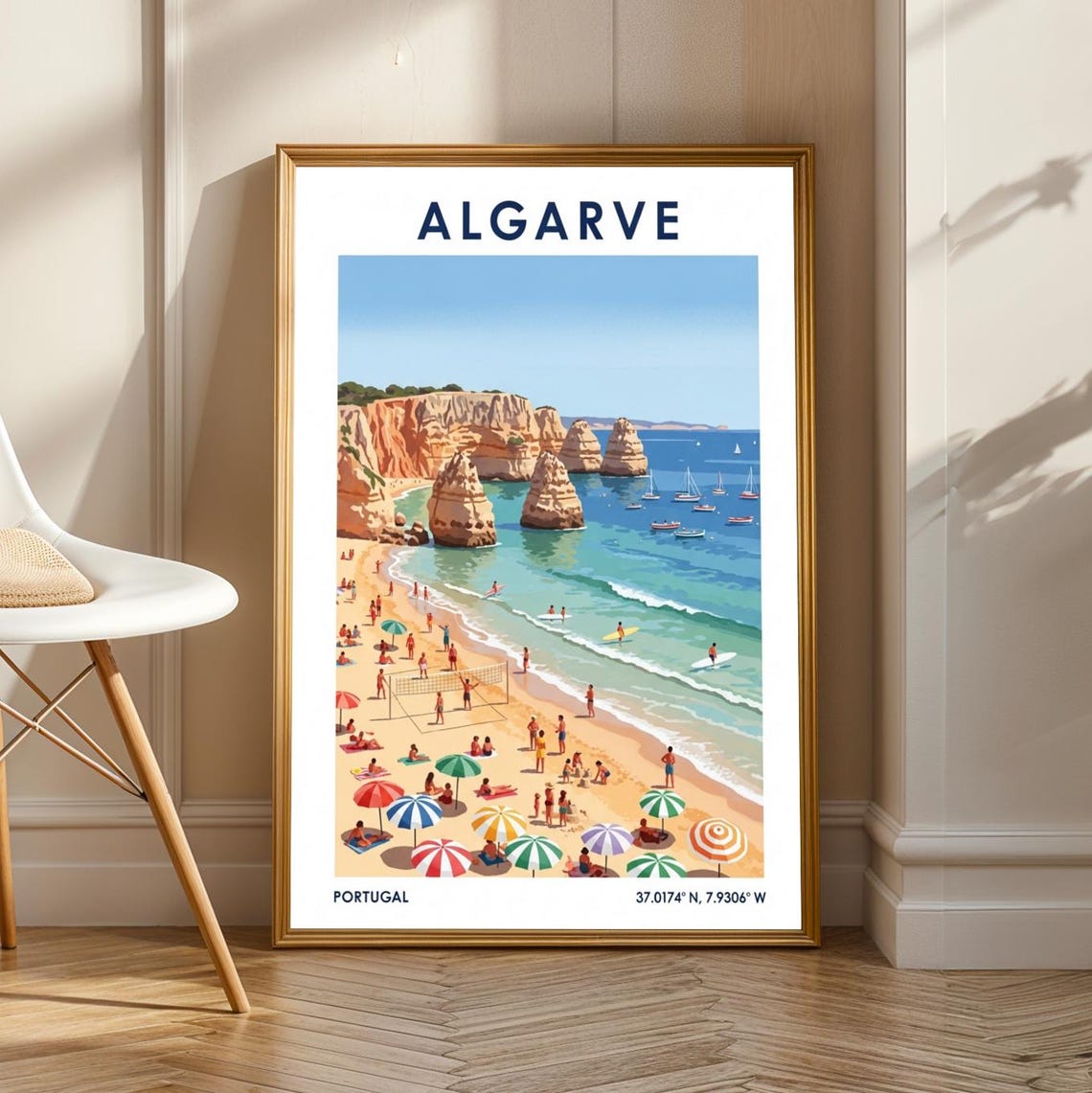 Algarve Portugal Beach Umbrellas Red Cliffs Coastal Scene Poster