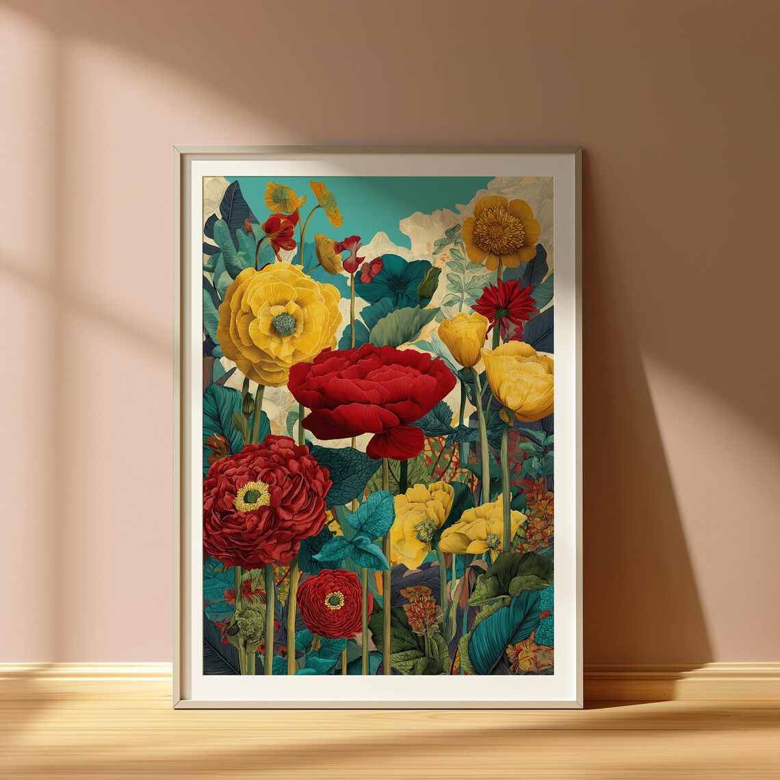 Red And Yellow Ranunculus Blooms Rich Botanical Floral Poster Art