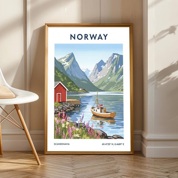 Norwegian Fjord Scene Poster, Nordic Scandinavian Art