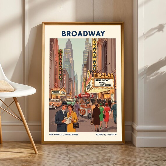 1950s Broadway Scene Poster Vintage Gouache Illustration Red And Yellow Blue Brown Retro Cityscape Art Living Room Office