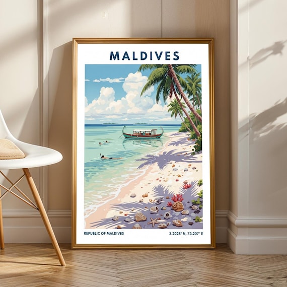 Maldives Beach Scene Poster Vintage Gouache Art Teal Blue And Green Tropical Decor Living Room Or Office Wall