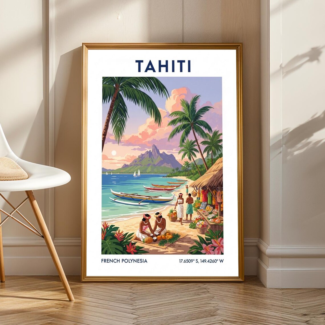 Tahiti Beach Palms Canoes French Polynesia Vintage Travel Poster