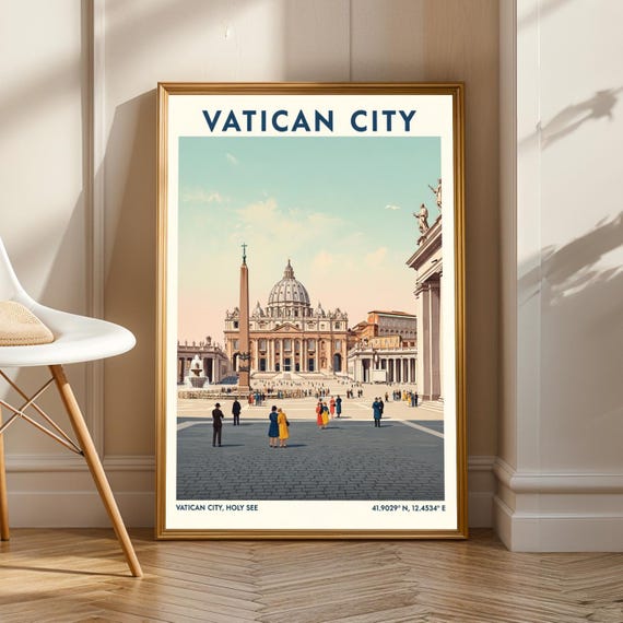 Vatican City St Peters Basilica Poster Sky Blue And Beige Art Vintage Travel Print Red Yellow Illustration For Living Room