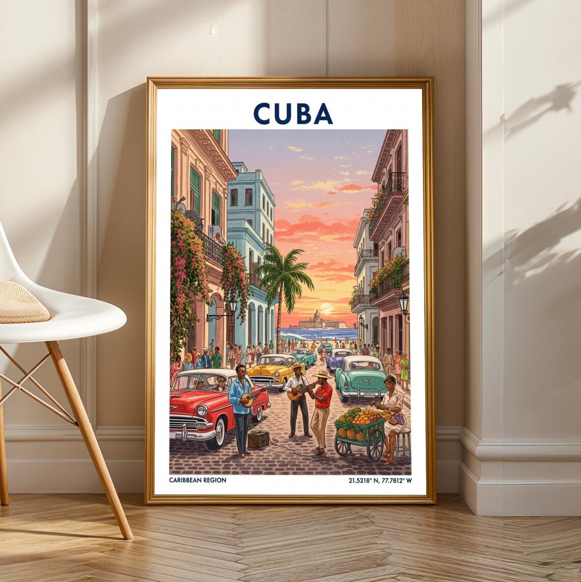 Cuba Caribbean Streetscape Vintage Travel Illustration Sunset Poster