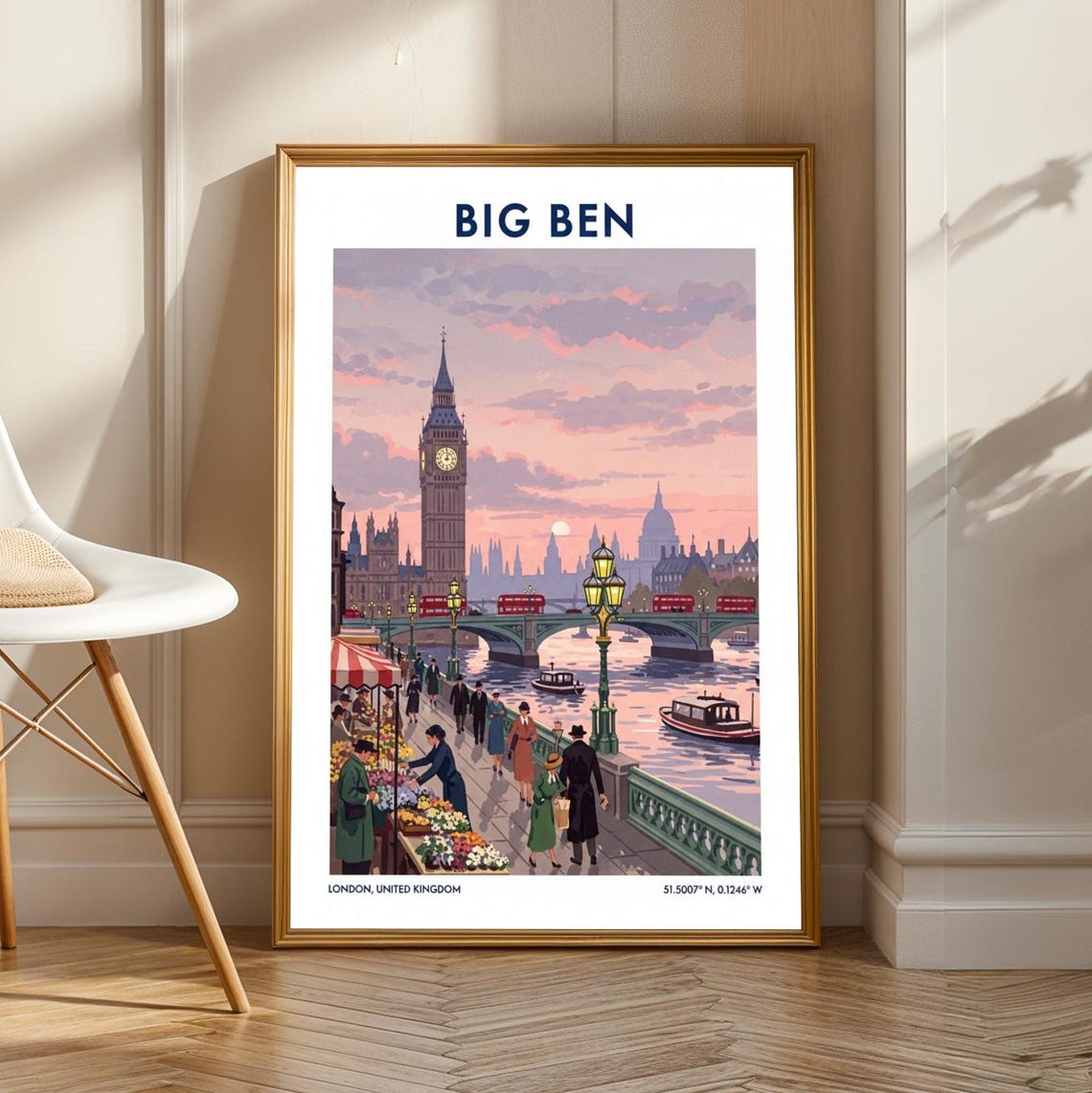 Big Ben London Westminster Bridge Sunset Retro Travel Poster