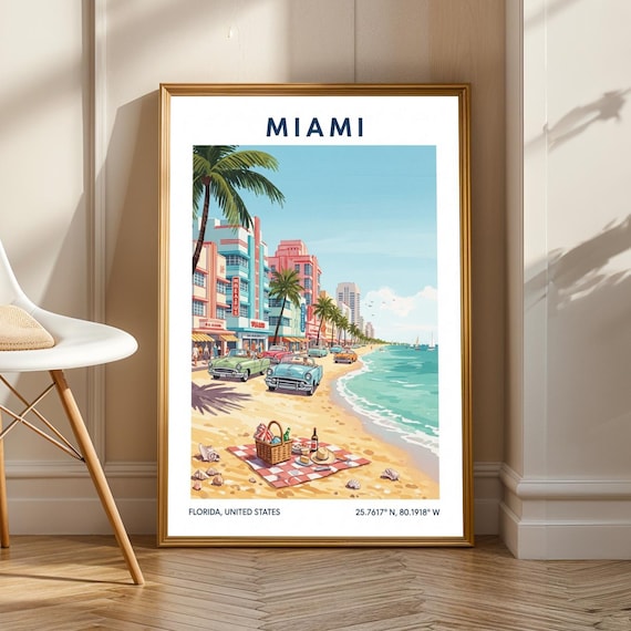 Miami Beach Art Deco Ocean Drive Florida Vintage Travel Poster