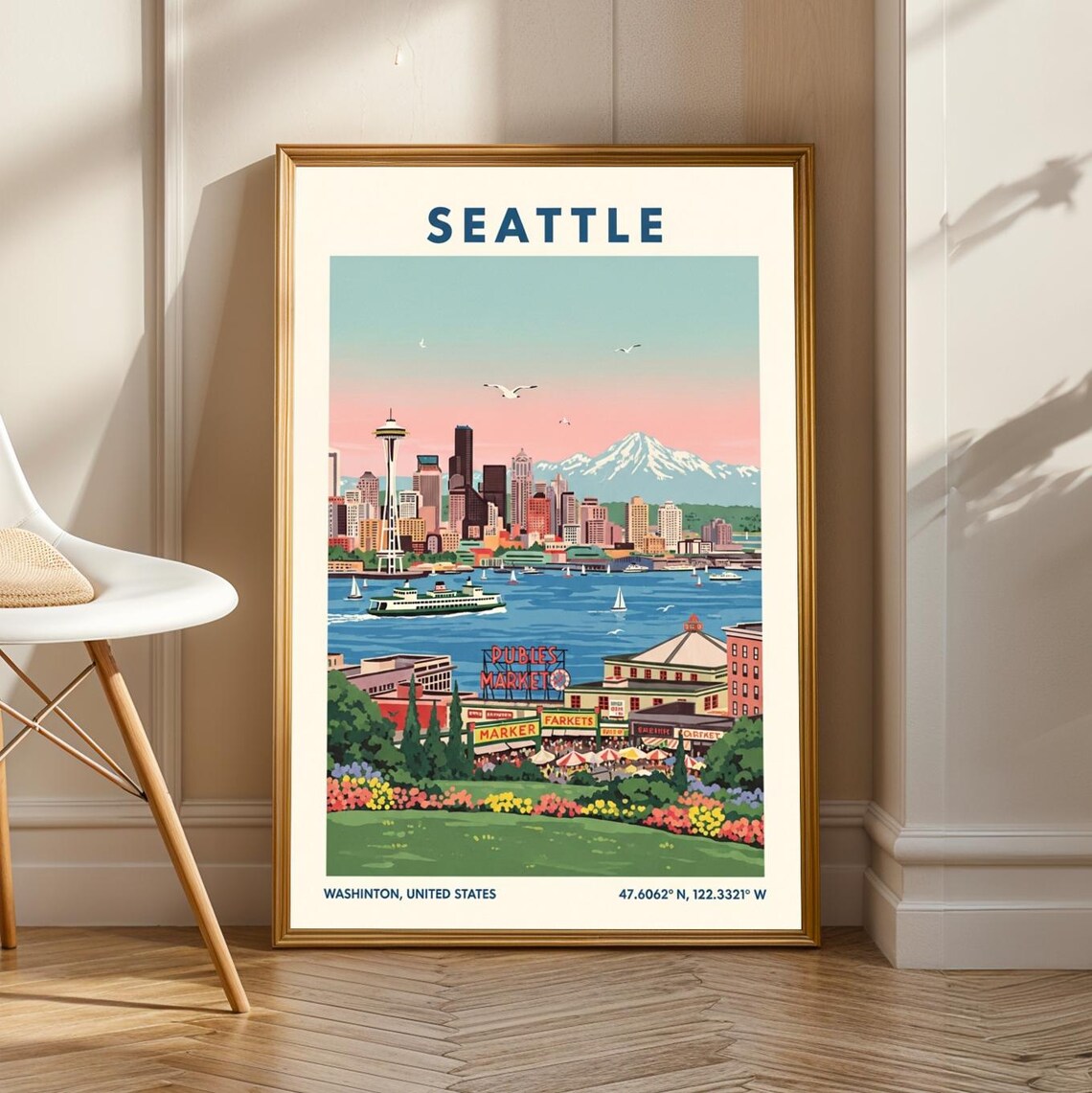 Seattle Washington Space Needle Ferry Mount Rainier Retro Travel Poster