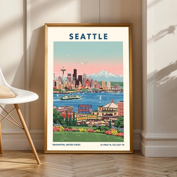Seattle Washington Space Needle Ferry Mount Rainier Retro Travel Poster