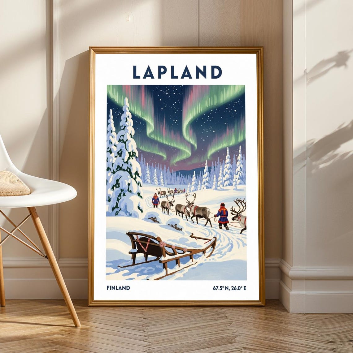 Lapland Finland Northern Lights Reindeer Sled Winter Travel Poster